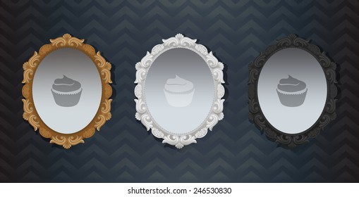 Gold white black Ornate Vintage Hollywood classic framed Mirror. Element of interior decoration. Three colors mirrors on the stereo wallpaper. Elements for your design, wedding cards, illustrations.