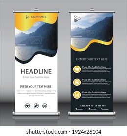 Gold, White and Black roll up banners template vectors with a place for photos. Beautiful colorful advertising banner design.