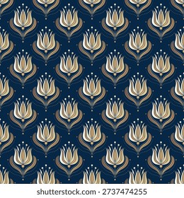 Gold, white and blue seamless pattern with floral ornament. Traditional Arabic, Indian motifs. Great for fabric and textile, wallpaper, packaging or any desired idea.