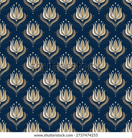Gold, white and blue seamless pattern with floral ornament. Traditional Arabic, Indian motifs. Great for fabric and textile, wallpaper, packaging or any desired idea.