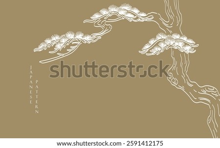 Gold and white bonsai tree or pine tree elements. Japanese background with Asian traditional icon vector. Natural art with brown background in vintage style.