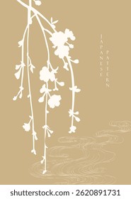 Gold and white branch of flower elements. Japanese background with Asian traditional icon vector. Natural art with brown background in vintage style.