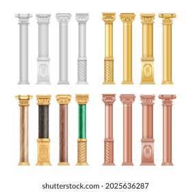 Gold White Bronze Columns. Realistic Malachite Stone And Golden Antique Roman Column. Isolated Architecture Vector Elements