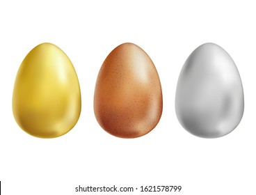 Gold, white and brown eggs set on white background