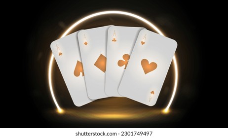 Gold and white casino playing cards on a bright neon background.