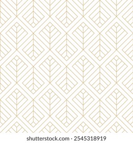 Gold and white chevron lines seamless pattern. Abstract geometric leaves linear structure pattern. Luxurious fine line lattice texture pattern. Golden lines on white background minimalist leaf design.