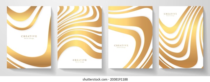 Gold and white cover design set. Wavy background with line pattern (curves). Premium vector for business background, sport brochure template, planner, flyer a4, music poster