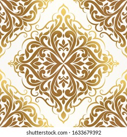 Gold and white damask seamless pattern. Vintage, paisley elements. Traditional, Turkish motifs. Great for fabric and textile, wallpaper, packaging or any desired idea.