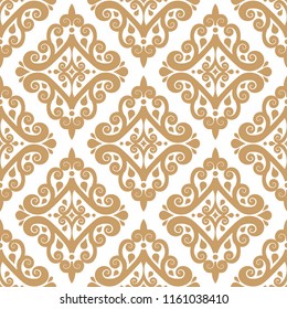 Gold and white damask vector seamless pattern, wallpaper. Elegant classic texture. Luxury ornament. Royal, Victorian, Baroque elements. Great for fabric and textile, wallpaper, or any desired idea.