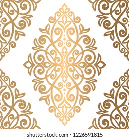 Gold and white damask vector seamless pattern, wallpaper. Elegant classic texture. Luxury ornament. Royal, Victorian, Baroque elements. Great for fabric and textile, wallpaper, or any desired idea.
