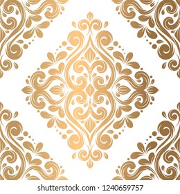Gold and white damask vector seamless pattern, wallpaper. Elegant classic texture. Luxury ornament. Royal, Victorian, Baroque elements. Great for fabric and textile, wallpaper, or any desired idea.