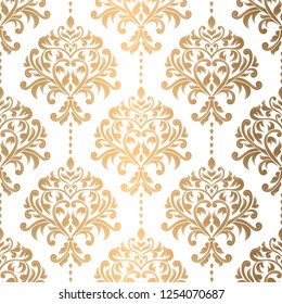 Gold-weiße Damast-Vektorgrafik, nahtloses Muster, Tapete. Elegante klassische Textur. Luxusverzierung. Königliche, viktorianische, barocke Elemente. Ideal für Stoff und Textilien, Tapeten oder jede erwünschte Idee.