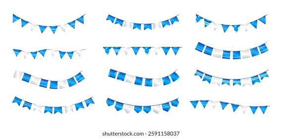 Gold and White Decorative Flag Banner Set Collection. Festive Bunting Flag and Ribbon Flags for Birthday Celebrations, Parties, Festivals, and Events Decoration. Colorful Bunting Flags Vector Element.