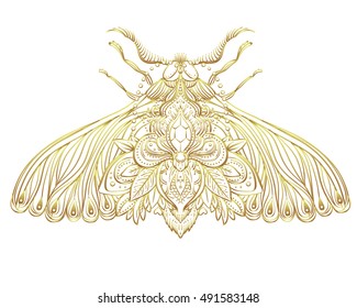 Gold and white decorative vector illustration of moth isolated on white over sacred geometry lines. Golden stickers, flash temporary tattoo. Nature, spirituality, occultism, alchemy, magic concept.