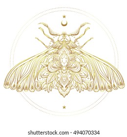 Gold and white decorative vector illustration of moth isolated on white over sacred geometry lines. Golden stickers, flash temporary tattoo. Nature, spirituality, occultism, alchemy, magic concept.