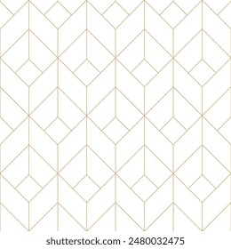 Gold and white diagonal lines seamless vector pattern. Geometric linear diamond grid pattern. Luxurious linear texture pattern. Fine golden chevron lines on white background minimalist grid design.