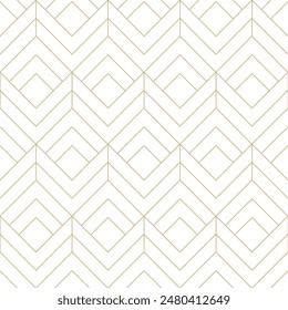 Gold and white diagonal lines seamless vector pattern. Geometric linear diamond tile grid pattern. Luxurious linear mosaic texture pattern. Golden chevron lines on white background minimalist design.