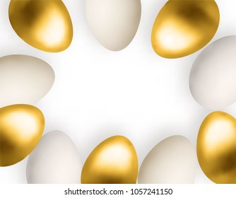 Gold and white Easter eggs frame greeting card template. Realistic style. Stock vector illustration for your design.