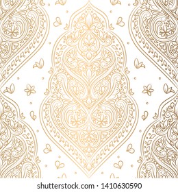 Gold and white eastern seamless pattern with flowers. Vintage vector background template, luxury flourish elements. Great for fabric, invitation, wallpaper, decoration, packaging or any desired idea.