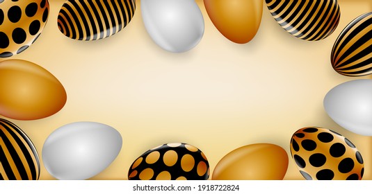 Gold and white eggs on a light beige background. Easter poster and banner template. Realistic
 3d vector illustration. Trendy design for greeting card or invitation