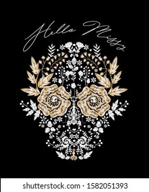 Gold and white embroidery skull with flowers and slogan