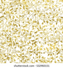 Gold and white fantasy seamless pattern with  print of golden branch. Bright festive background.  Vector illustration. Shiny splash cover. Texture of gold foil. Silhouette freehand floral wrapping.