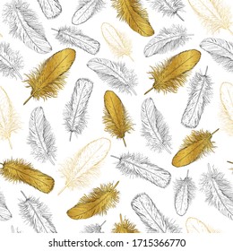 Gold and white feathers on a white background. Seamless vector pattern for different surfaces.