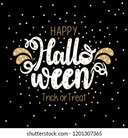 Gold and white flat glitter vector design of Happy Halloween typography on an isolated black background