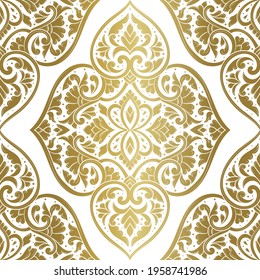 Gold and white floral seamless pattern with ornamental stripes. Traditional oriental motifs. Vector ornament template. Decorative paisley elements. Great for fabric and textile.