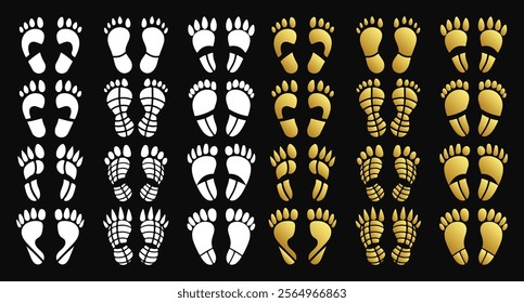 Gold and White Footprint Patterns on Black Background