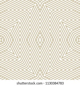 Gold and white geometric lines seamless pattern. Golden vector linear background with diagonal stripes, rhombuses, triangles. Abstract monochrome graphic texture. Repeatable design for decor, prints