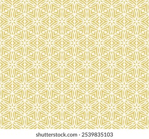 Gold and white geometric seamless pattern with floral silhouettes, leaves, stars, hexagonal grid, curved lines. Golden abstract texture. Vector ornamental background. Luxury repeatable geo design