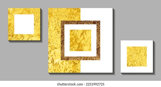 Gold and white geometric vector poster for design interior. Contemporary golden painting set for cover design, card, poster and print. Hand draw modern luxury illustration for decoration interior.