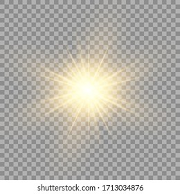 Gold or white glowing light burst explosion transparent. Vector illustration for cool effect decoration with ray sparkles. Bright star. Transparent shine gradient glitter, bright flare. Glare texture