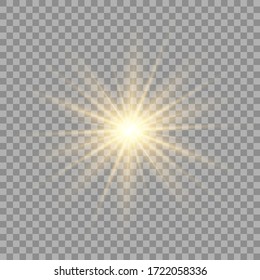 Gold or white glowing light burst explosion transparent. Vector illustration for cool effect decoration with ray sparkles. Bright star. Transparent shine gradient glitter, bright flare. Glare texture