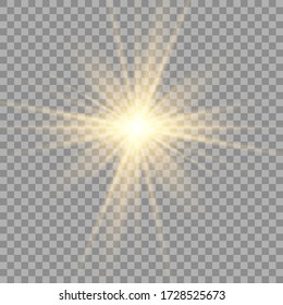 Gold or white glowing light burst explosion transparent. Vector illustration for cool effect decoration with ray sparkles. Bright star. Transparent shine gradient glitter, bright flare. Glare texture