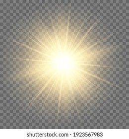 Gold or white glowing light burst explosion transparent. Vector illustration for cool effect decoration with ray sparkles. Bright star. Transparent shine gradient glitter, bright flare. Glare texture