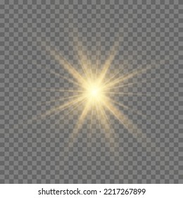 Gold or white glowing light burst explosion transparent. Vector illustration for cool effect decoration with ray sparkles. Bright star. Transparent shine gradient glitter, bright flare. Glare texture