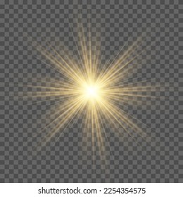 Gold or white glowing light burst explosion transparent. Vector illustration for cool effect decoration with ray sparkles. Bright star. Transparent shine gradient glitter, bright flare. Glare texture