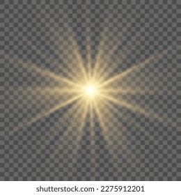 Gold or white glowing light burst explosion transparent. Vector illustration for cool effect decoration with ray sparkles. Bright star. Transparent shine gradient glitter, bright flare. Glare texture