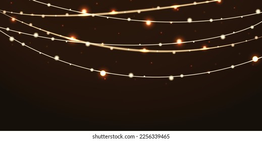 Luces brillantes doradas y blancas en las cuerdas sobre fondo oscuro. Ilustración vectorial con guirnaldas brillantes decorativas y manchas luminosas