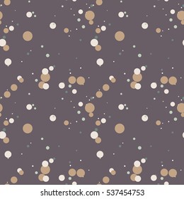 Gold, white, green messy circles of different sizes on dark violet background. Grunge seamless pattern with round shapes, dots. Colorful dotted texture. Geometric wrapping paper. Vector illustration.