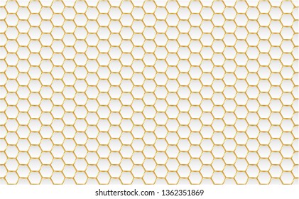 Gold and white honey hexagonal cells seamless texture. Mosaic or speaker fabric shape pattern. Technology concept. Honeyed comb grid texture and geometric hive hexagonal honeycombs. Vector