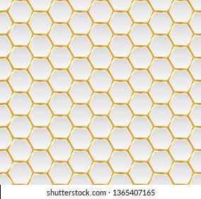 Gold and white honey hexagonal cells seamless texture. Mosaic or speaker fabric shape pattern. Technology concept. Honeyed comb grid texture and geometric hive hexagonal honeycombs. Vector