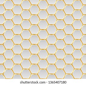 Gold and white honey hexagonal cells seamless texture. Mosaic or speaker fabric shape pattern. Technology concept. Honeyed comb grid texture and geometric hive hexagonal honeycombs. Vector