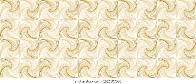 Gold white interlocking fractal tessellations geometric seamless pattern vector design. Cool fractal optical illusion abstract background with tiles. Interlocking geometric shapes curve lines texture.