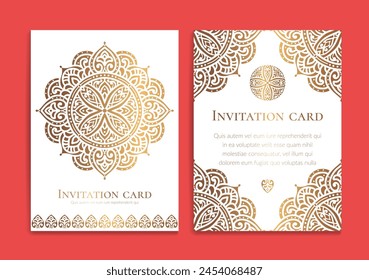 Gold and white invitation card design with vector mandala pattern. Vintage ornament template. Can be used for background and wallpaper. Elegant and classic vector elements great for decoration.