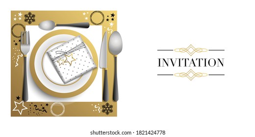 Gold and white invitation card for refined and luxurious parties, with table decoration.