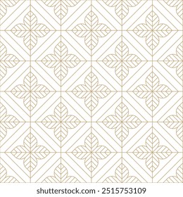 Hojas doradas y blancas y líneas diagonales sin patrón de Vector. Patrón geométrico de azulejo de diamante lineal floral. Lujoso fondo de textura art deco. Líneas doradas sobre fondo blanco diseño de boda.
