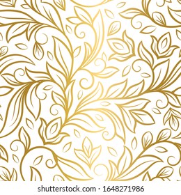 Las hojas doradas y blancas son un patrón sin fisuras. Plantilla de ornamento vectorial vintage. Elementos Paisley. Excelente para tela, invitación, fondo, papel pintado, decoración, embalaje o cualquier idea deseada.